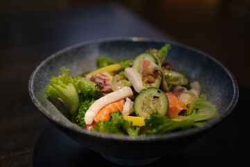 shrimp salad greens vegetables and crayfish in the restaurant. High quality photo