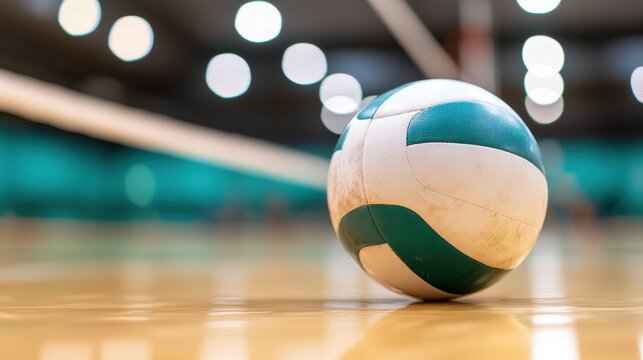 A focused view of a volleyball resting on the court, surrounded by a blurred background. This image captures the essence of sports, energy, and competition in action.