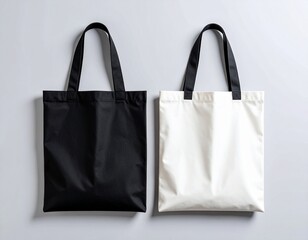 White and black fabric tote bags side by side on soft grey background, realistic clot