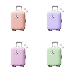 Colorful luggage with wheels in pastel shades on white background  