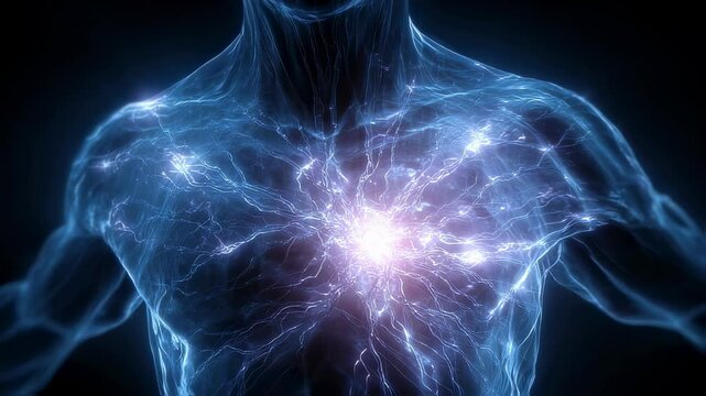 Blue luminous energy emanating from human chest region, revealing internal vitality and potential diagnostic visualization of biological processes