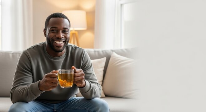 smiling african american man sitting on sofa holding cup of tea in cozy living room. warm atmosphere with soft lighting. relaxation and comfort at home. lifestyle, wellness