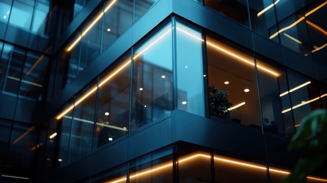 A sleek, contemporary office building showcases its modern architectural design with a reflective glass facade and ambient lighting, symbolizing innovation and progress in urban development.