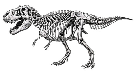 Illustration of a T-Rex skeleton in vintage stipple engraving style isolated on white background
