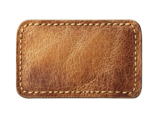 Rectangular brown leather label patch isolated on transparent background