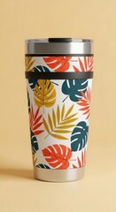 Stainless Steel Tumbler Tropical Leaf Pattern Orange Yellow Green