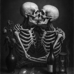 Two skeletons kissing in a tender embrace, a dark gothic still life with wilted flowers and an hourglass symbolizing eternal love and mortality. Black and white.