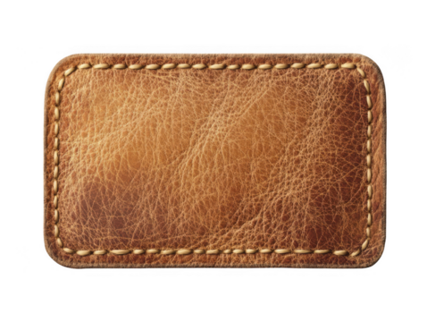 Rectangular brown leather label patch isolated on transparent background