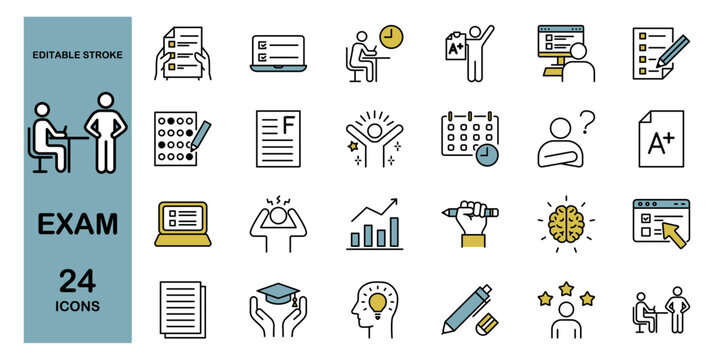 Exam line icon set – Includes test, study, education, student, learning and school. Editable stroke. Colored vector illustration.