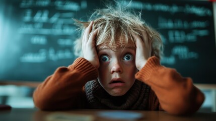 This poignant image captures a young child showing visible distress in a classroom setting, reflecting feelings of anxiety and pressure commonly experienced during academic challenges.