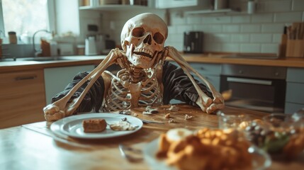 A humorous yet thought-provoking scene of a skeleton sitting at a dining table filled with food, evoking themes of solitude, mortality, and the passage of time.