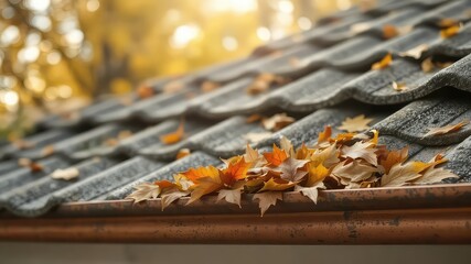 Autumn season brings vibrant foliage; colorful leaves collect along roof tiles and the rain gutter system of a residential building.