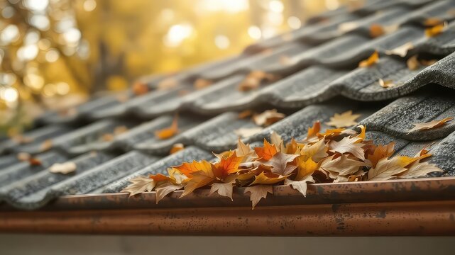 Autumn season brings vibrant foliage; colorful leaves collect along roof tiles and the rain gutter system of a residential building.