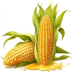 Fresh Sweetcorn Two Ripe Ears of Corn with Golden Syrup Spilled