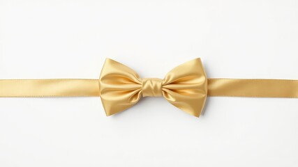 Fototapeta premium Shiny golden ribbon bow, symmetrical and elegantly placed on a clean, pure white background, ideal for festive occasions