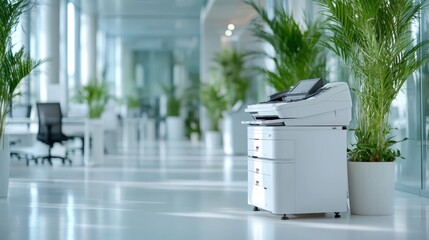 This image shows a modern office environment featuring a multifunction printer, surrounded by green plants that add a refreshing touch to the sleek setting.