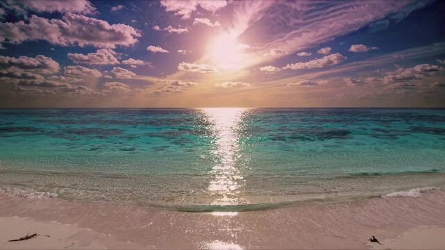Vibrant beach sunset with colorful sky and sunlight reflecting over calm turquoise ocean, tropical shoreline perfect for travel, relaxation, and summer vacation visuals