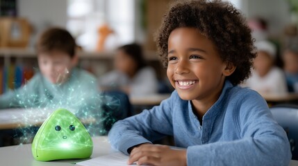 Cheerful schoolboy engaging with AI learning technology, grinning while peers work softly out of focus during educational session