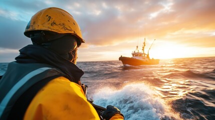 A silhouette of a fisherman on a boat during sunset evokes feelings of adventure and solitude, showcasing the beauty of nature and the peacefulness of the sea.