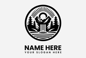 Circular logo featuring a mountain, waterfall, trees, and sunburst design in black and white.