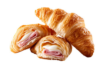 Freshly baked croissants with ham and cheese filling on display