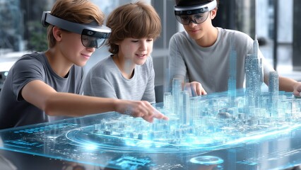 Engineers wearing AR headsets manipulating holographic urban design model, analyzing futuristic cityscape details through interactive digital interface with collaborative teamwork