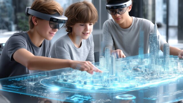 Engineers wearing AR headsets manipulating holographic urban design model, analyzing futuristic cityscape details through interactive digital interface with collaborative teamwork