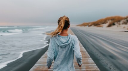 A woman strolls along a wooden pathway by the beach, her hair flowing in the breeze, capturing the essence of freedom and peaceful solitude at sunset.