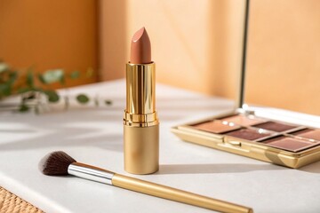 Luxury nude lipstick with golden packaging
Elegant nude lipstick in a shiny gold case, displayed on soft satin and velvet textures, ideal for beauty branding and product marketing.

