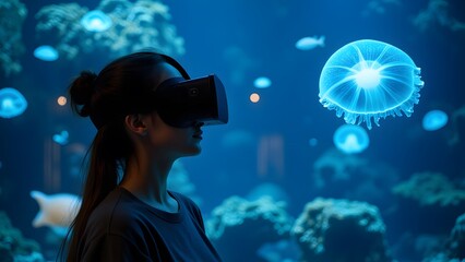Woman wearing VR headset experiences a breathtaking virtual underwater world, surrounded by luminous jellyfish and vibrant coral reefs, a captivating digital ocean.