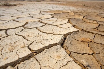 Close-up of cracked dry earth during drought
Detailed view of parched, cracked ground caused by extreme heat and lack of water, symbolizing drought and climate change effects.
