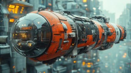 Orange and Black Cylindrical Spaceship Over Cityscape