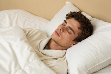Young man sleeping peacefully in bed at night
Man resting comfortably under white blanket, wearing light blue pajamas, sleeping on soft pillows in a calm and cozy bedroom.
