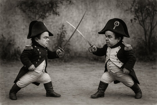 Two men with dwarfism costumed as Napoleon Bonaparte sword fighting. Humorous, vintage black and white theatrical scene.