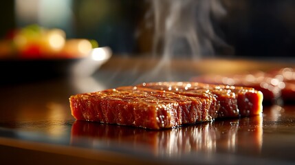 鉄板で焼かれる極上ステーキ