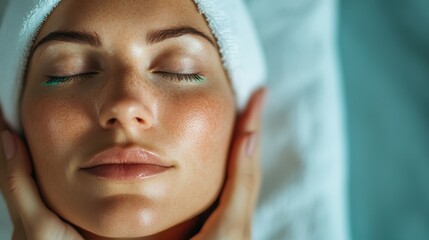 A calm woman indulges in a pampering spa treatment, resting with her eyes closed, radiating tranquility and serenity in a soothing environment focused on self-care.