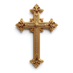 Ornate golden cross religious symbol isolated on white background