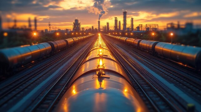 Tank Cars on Tracks Leading to Industrial Plant at Sunset