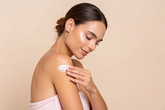 Woman applying body lotion to smooth skin
Young woman in towel gently applying moisturizing body cream to her shoulder, showcasing smooth, radiant skin and self-care routine.
