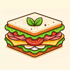 A cartoon sandwich featuring lettuce ham cheese tomato and an egg layer topped with greenery