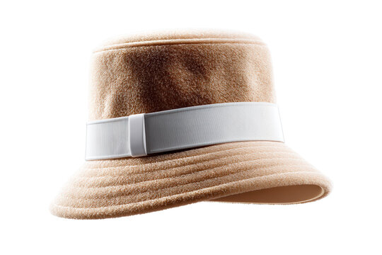 Soft beige bucket hat with white band on transparent background