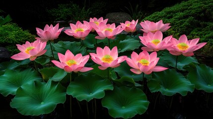 Serene Pink Lotus Flowers in a Garden Pond