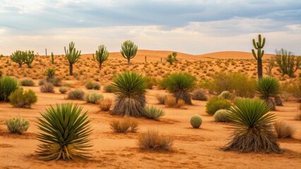 Vast desert landscape featuring various cacti and vegetation under a cloudy sky, highlighting arid beauty and natural textures.