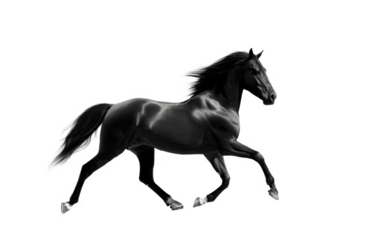 Black horse running with grace across a transparent background