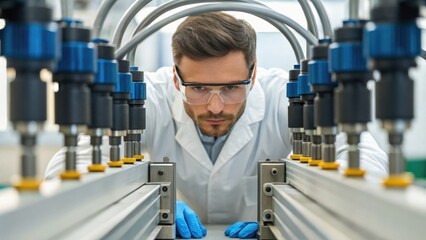 A focused professional examines machinery in a laboratory setting, showcasing precision and technology.