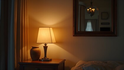 bedside lamp on the bedside table in the bedroom