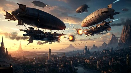 Aerial battle scene with steampunk airships in a vibrant fantasy city during sunset - Powered by Adobe