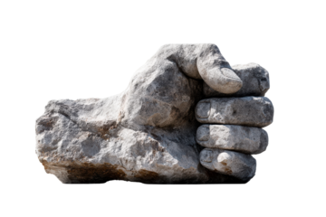 Unique stone sculpture of a fist with a transparent background