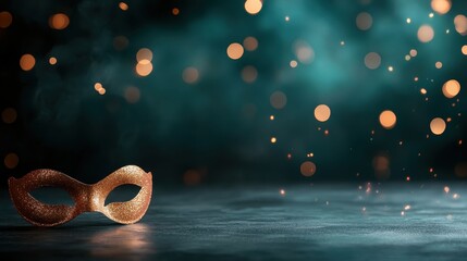 A glamorous golden mask glitters against a mystical smoky backdrop, embodying themes of mystery, celebration, and artistry in a captivating visual narrative.