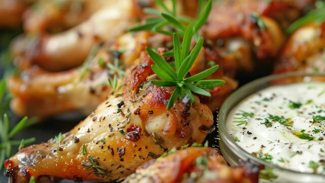 A mouthwatering assortment of grilled chicken wings drizzled with a barbecue sauce and served alongside garlic aioli dip. A gourmet take on an outdoor dining favorite.